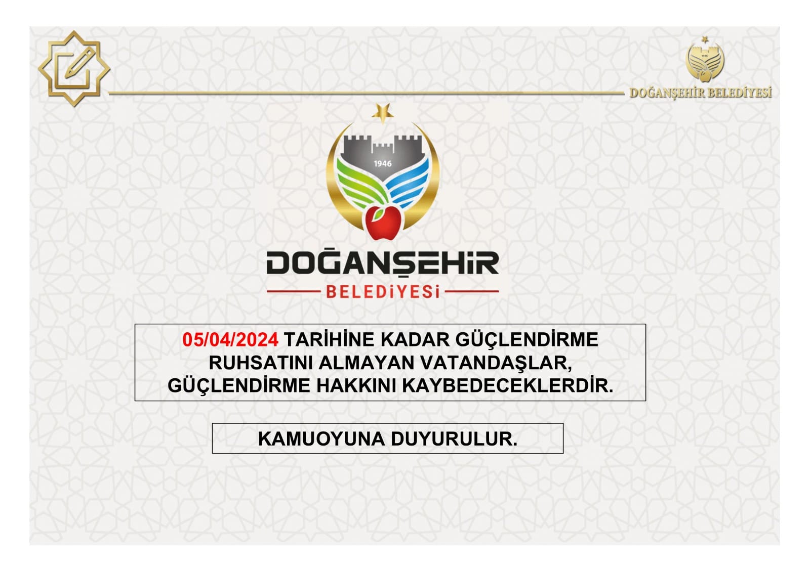 Doğanşehir Belediyesi Vatandaşları Uyarıyor: Güçlendirme Ruhsatı Almayanlar Hak Kaybına Uğrayabilir!