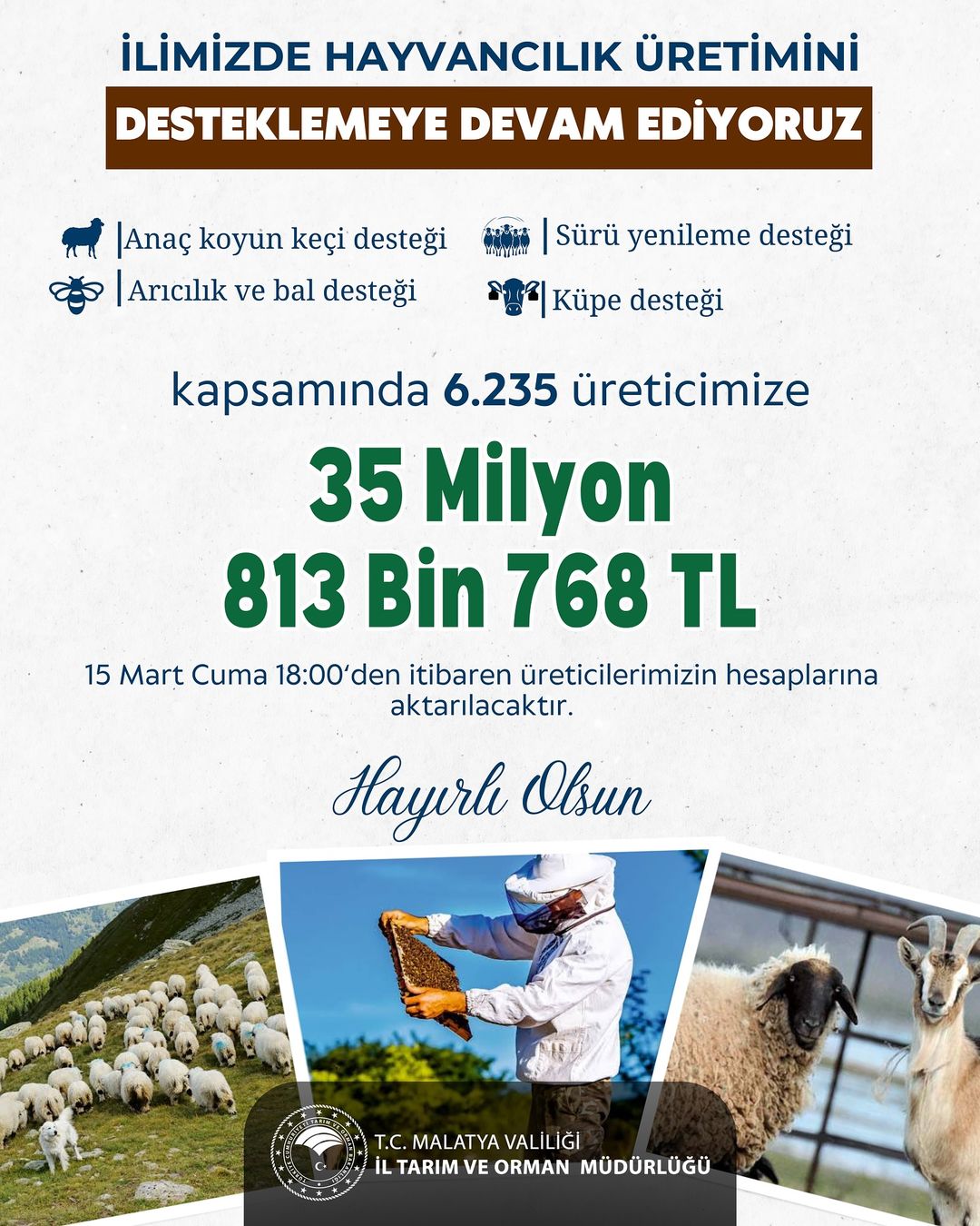 Malatya'da Tarım ve Hayvancılık Üreticilerine 35 Milyon TL Destek!